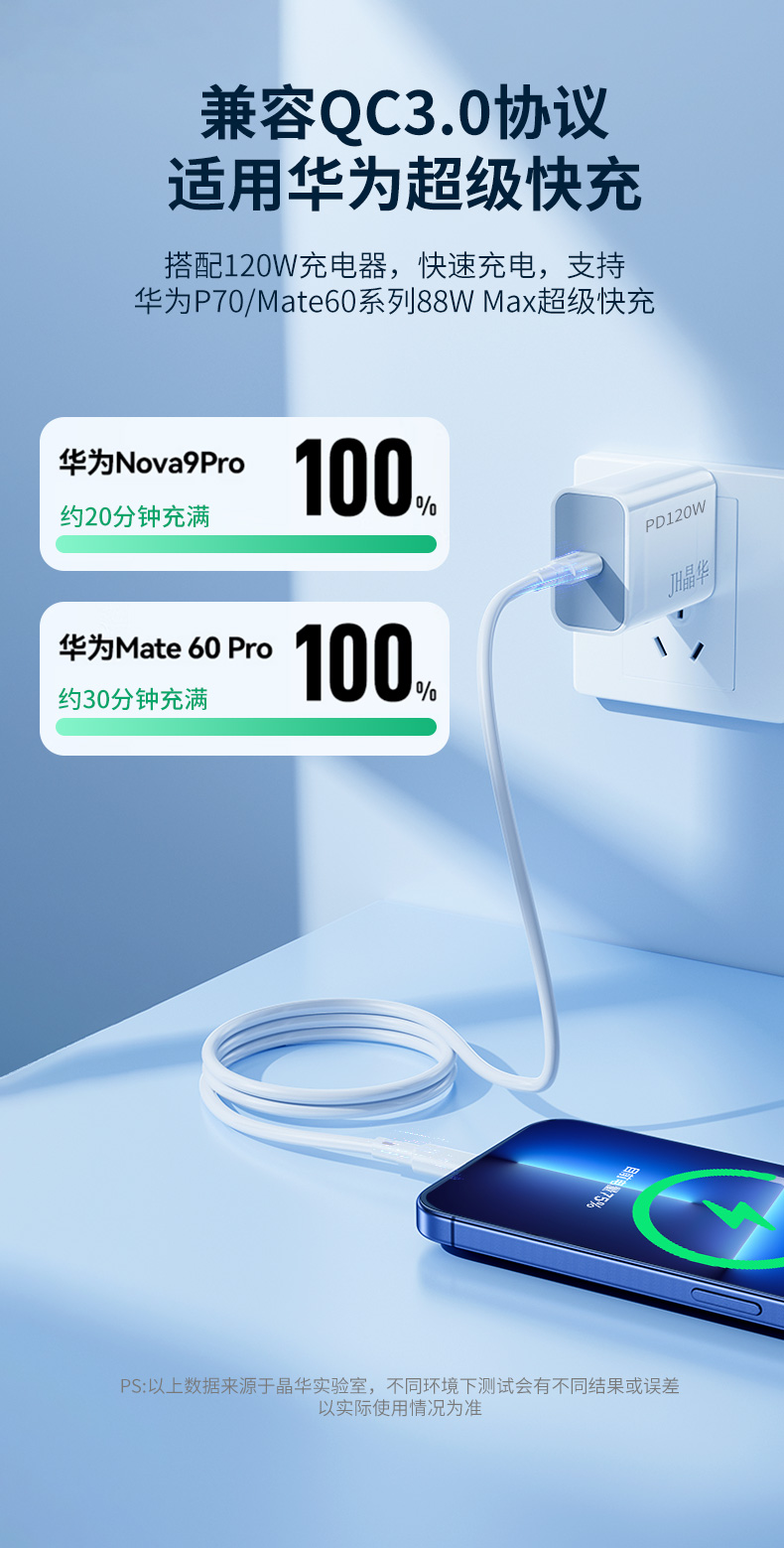 【M273C】晶华USB转TYPE-C手机数据线（1米）华为120W