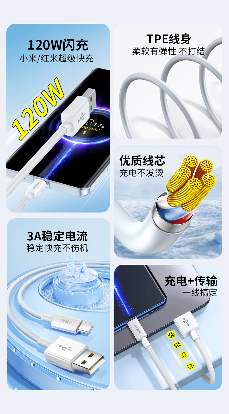 【M275C】晶华USB转TYPE-C手机数据线（1米）小米120W