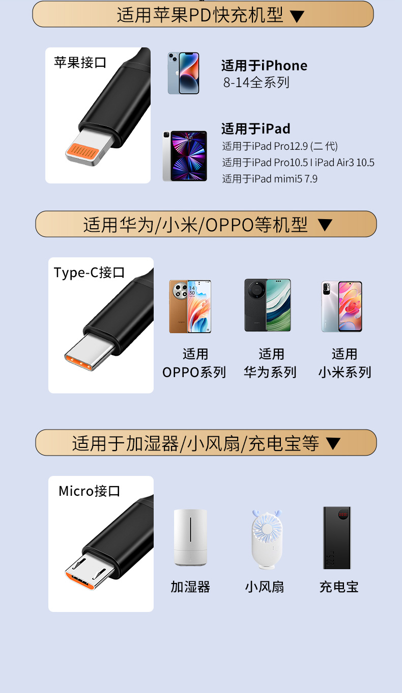 【M262D】晶华三合一手机数据线（1.2米编织）