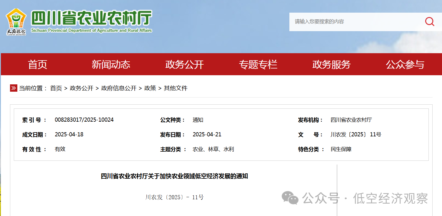 四川发文加快农业领域低空经济发展，到2027年农用无人机保有量1.5万台以上，持证操控员5000人以上，打造5类应用场景