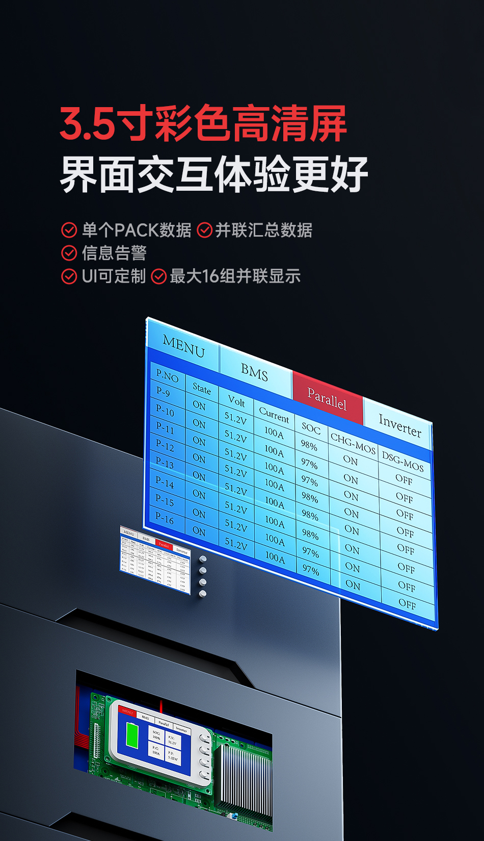 达锂BMS｜四代家储保护板｜8~16S｜100A｜限流10A｜彩屏显示｜智能协议｜三元铁锂通用｜电池管理系统
